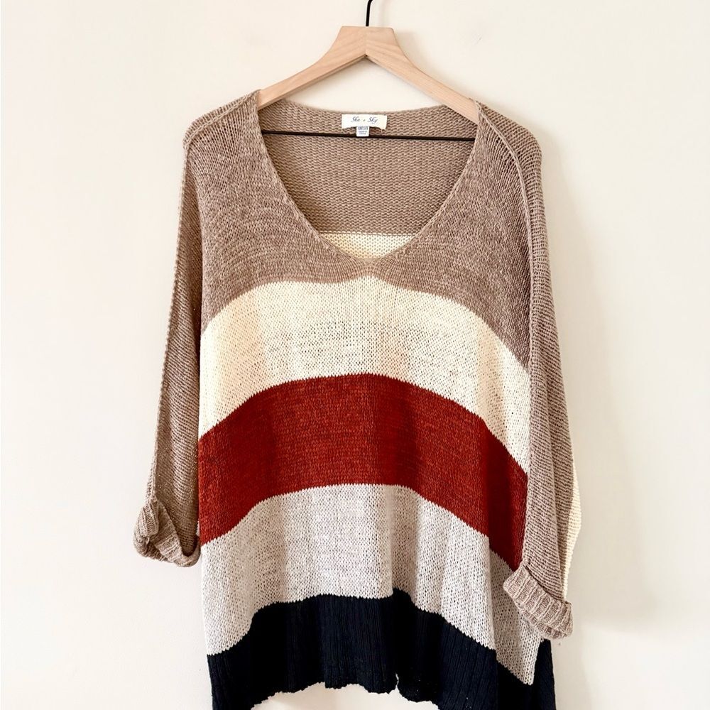 She + Sky Loose Knit Dolman Sleeve Vneck Sweater in Tan Cream Multi Stripe OS